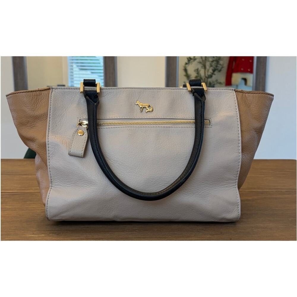 Emma Fox Genuine Leather Colorblock Tote Handbag Cream Black Taupe Floral Lining - Picture 2 of 7